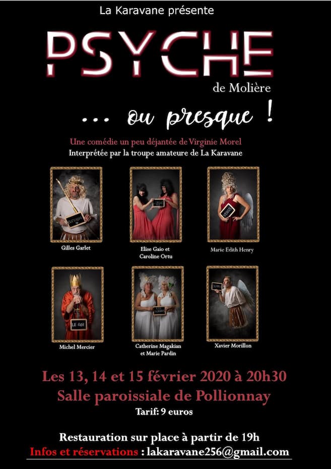 Affiche du spectacle "Psyché ou presque" avec le portait des 8 acteurs